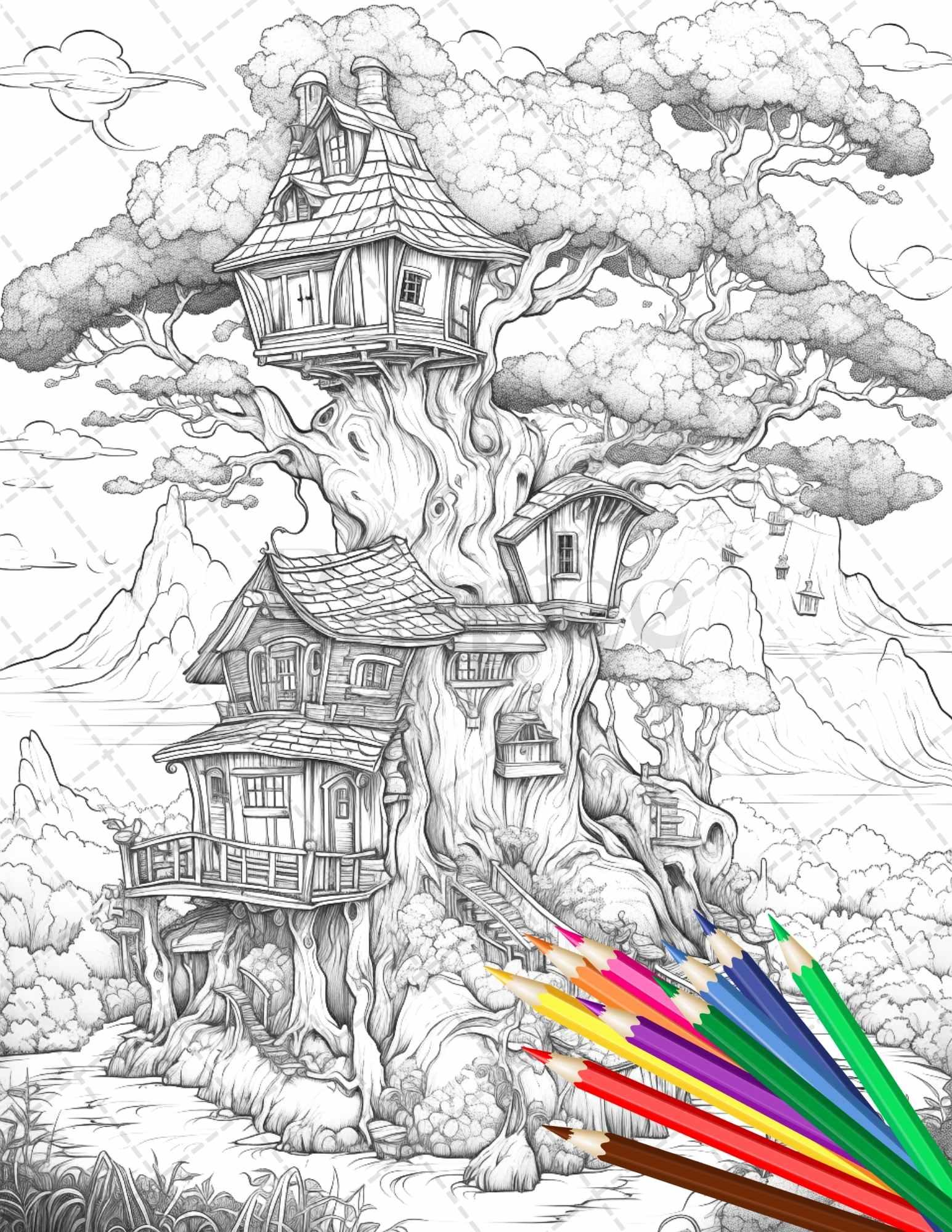 110 Enchanted Treehouse Coloring Book Printable for Adults, Grayscale Coloring Page, PDF File Instant Download