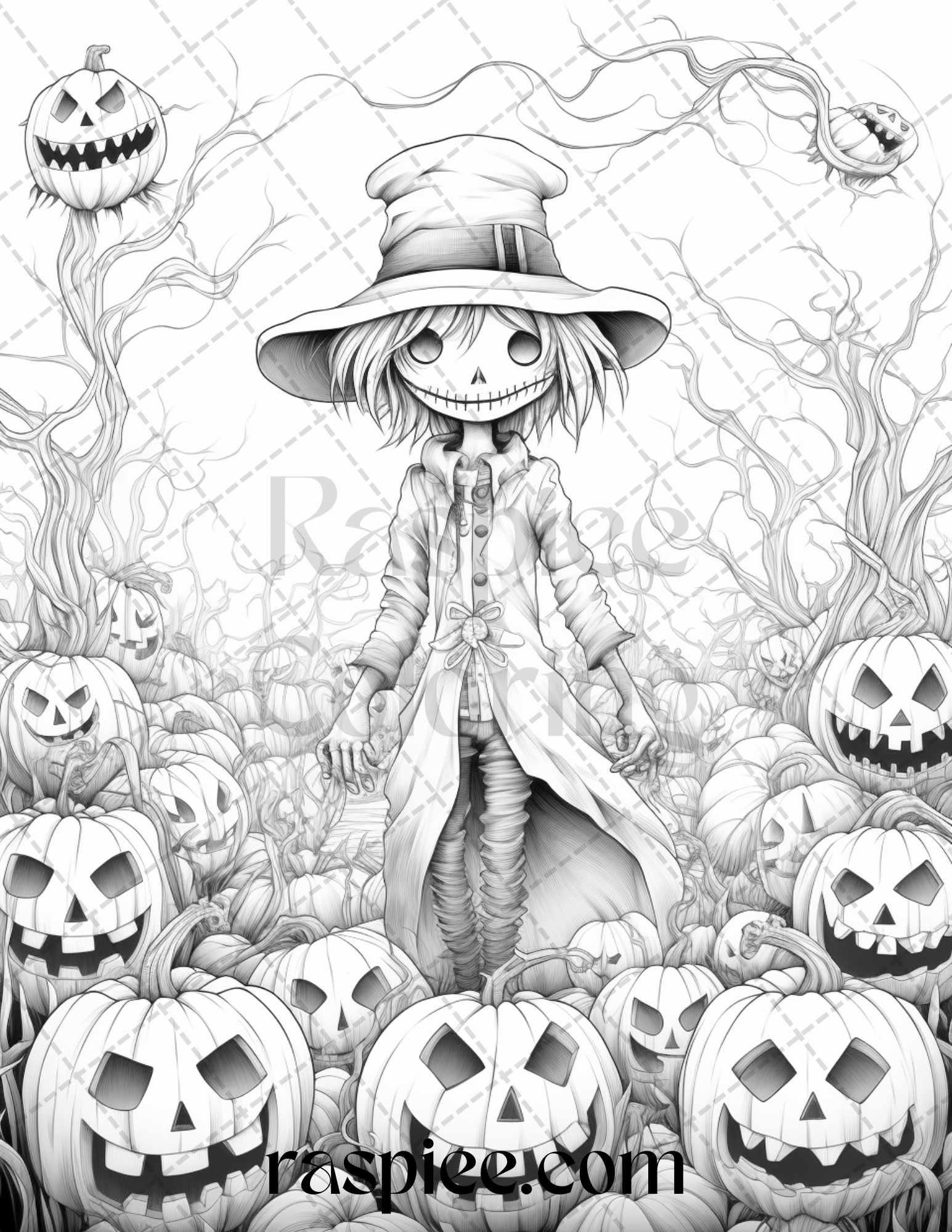 50 Halloween Scarecrows Grayscale Coloring Pages Printable for Adults, PDF File Instant Download