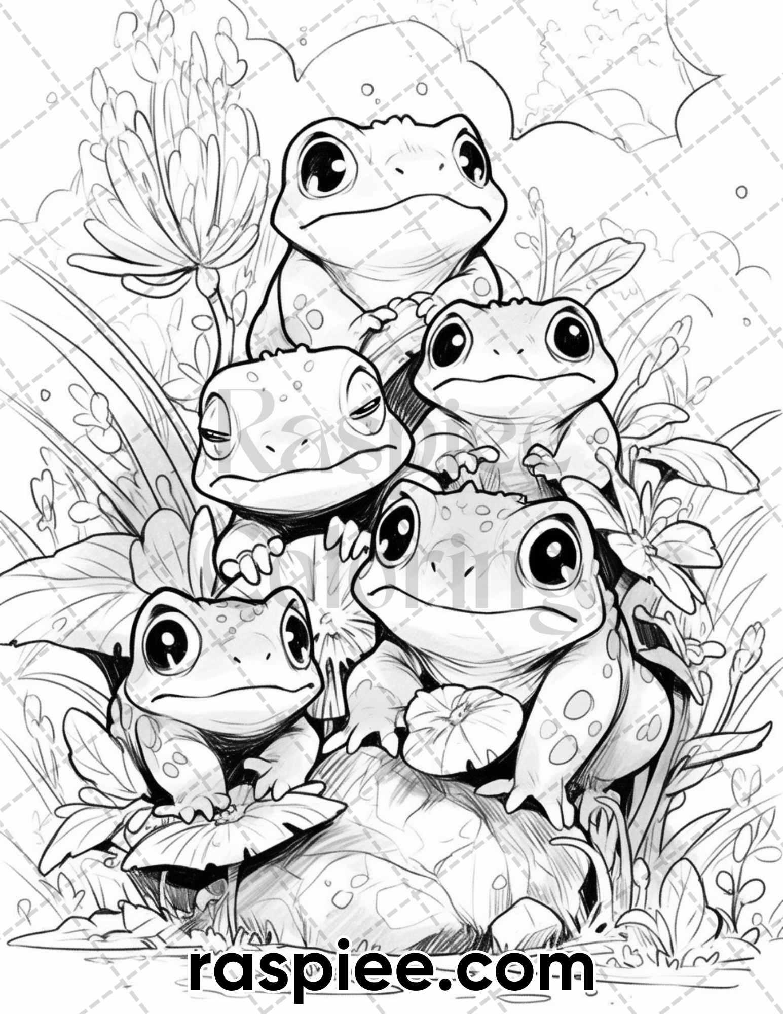 50 The Frog Kingdom Grayscale Coloring Pages for Adults, Printable PDF Instant Download
