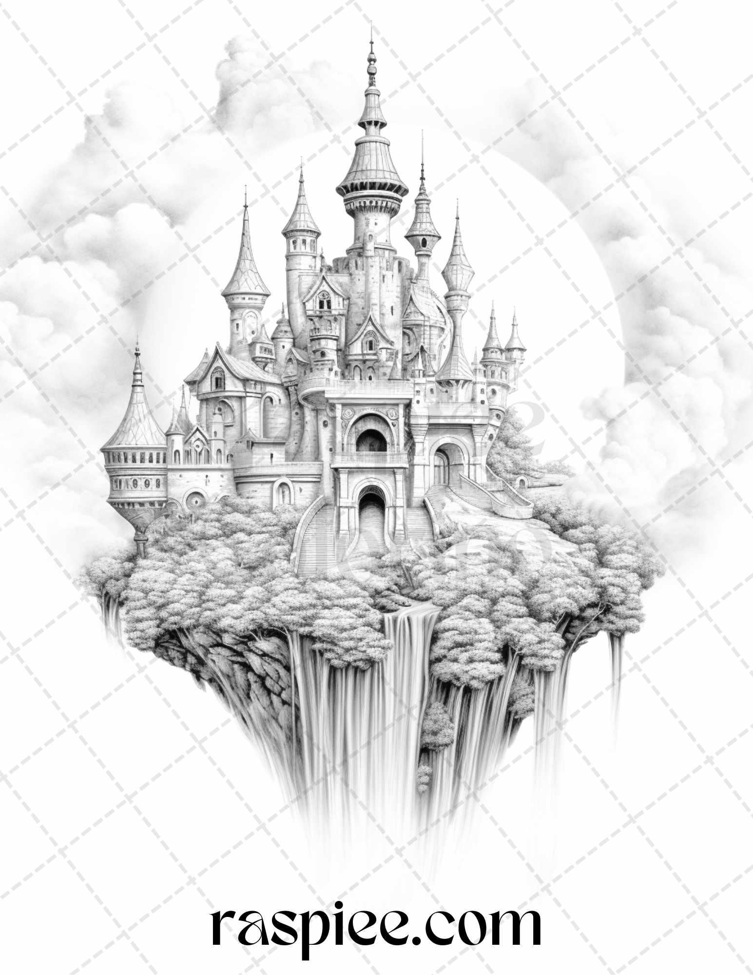 Floating Castle in the Sky Grayscale Coloring Pages for Adults, Printable PDF File Instant Download