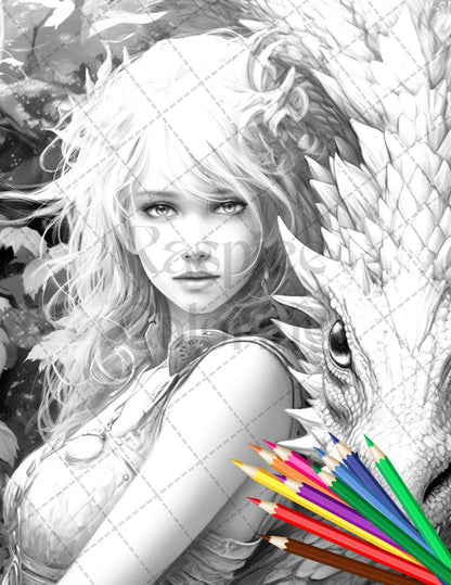 Enchanted Dragon Queens Grayscale Coloring Pages Printable for Adults, PDF File Instant Download