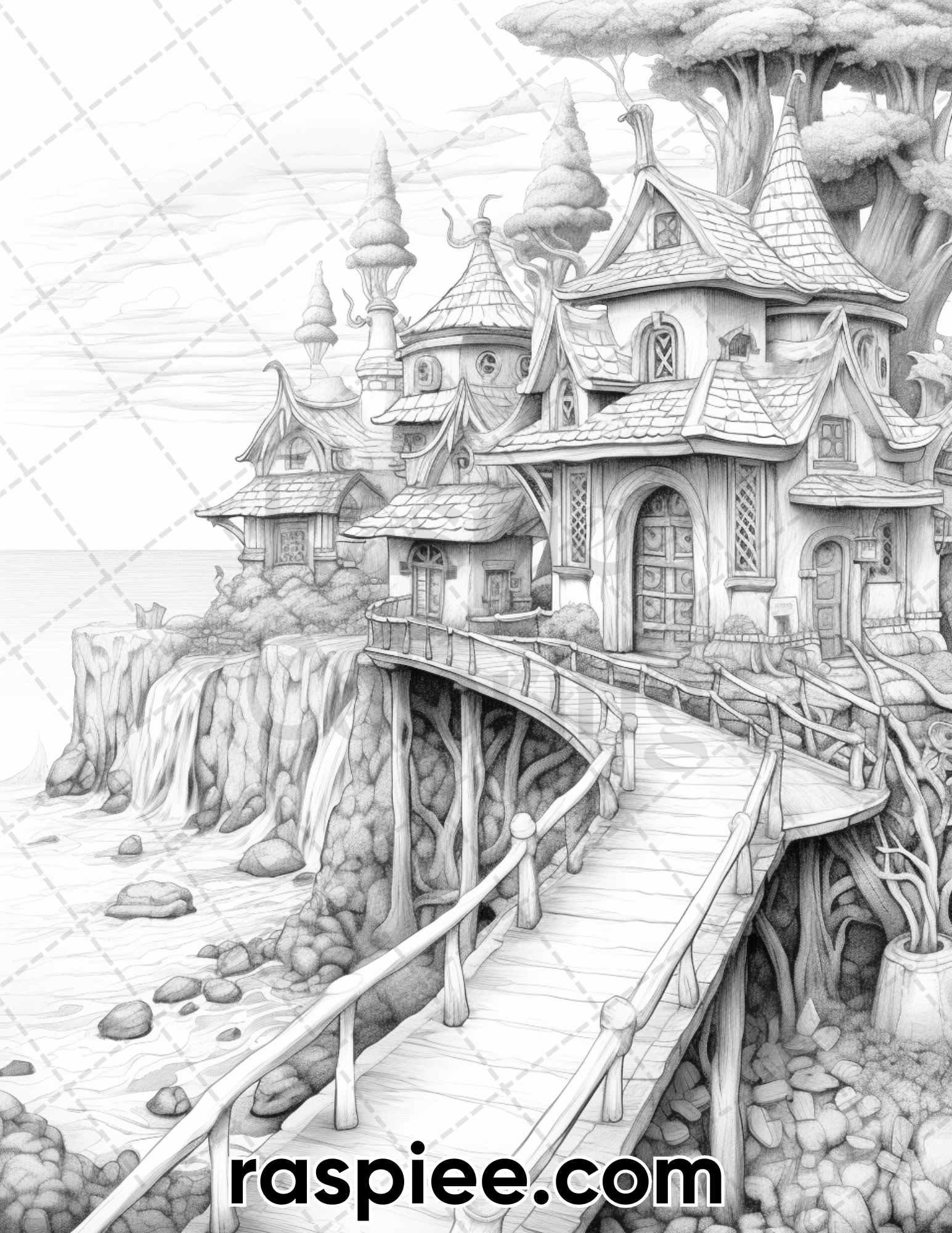50 Fairy Beach Houses Grayscale Coloring Pages for Adults, Printable PDF Instant Download