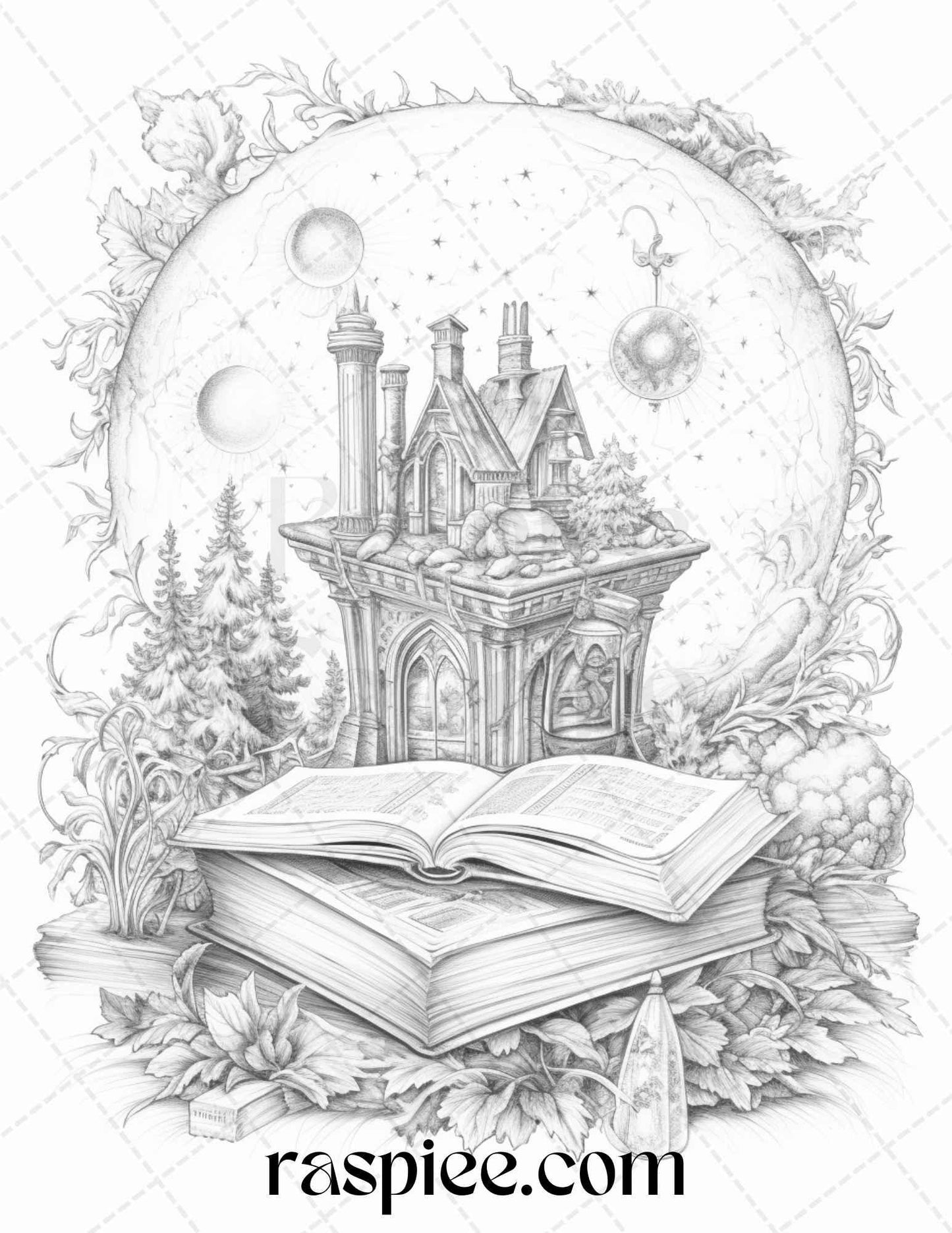 50 Magical Books Grayscale Coloring Pages Printable for Adults, PDF File Instant Download