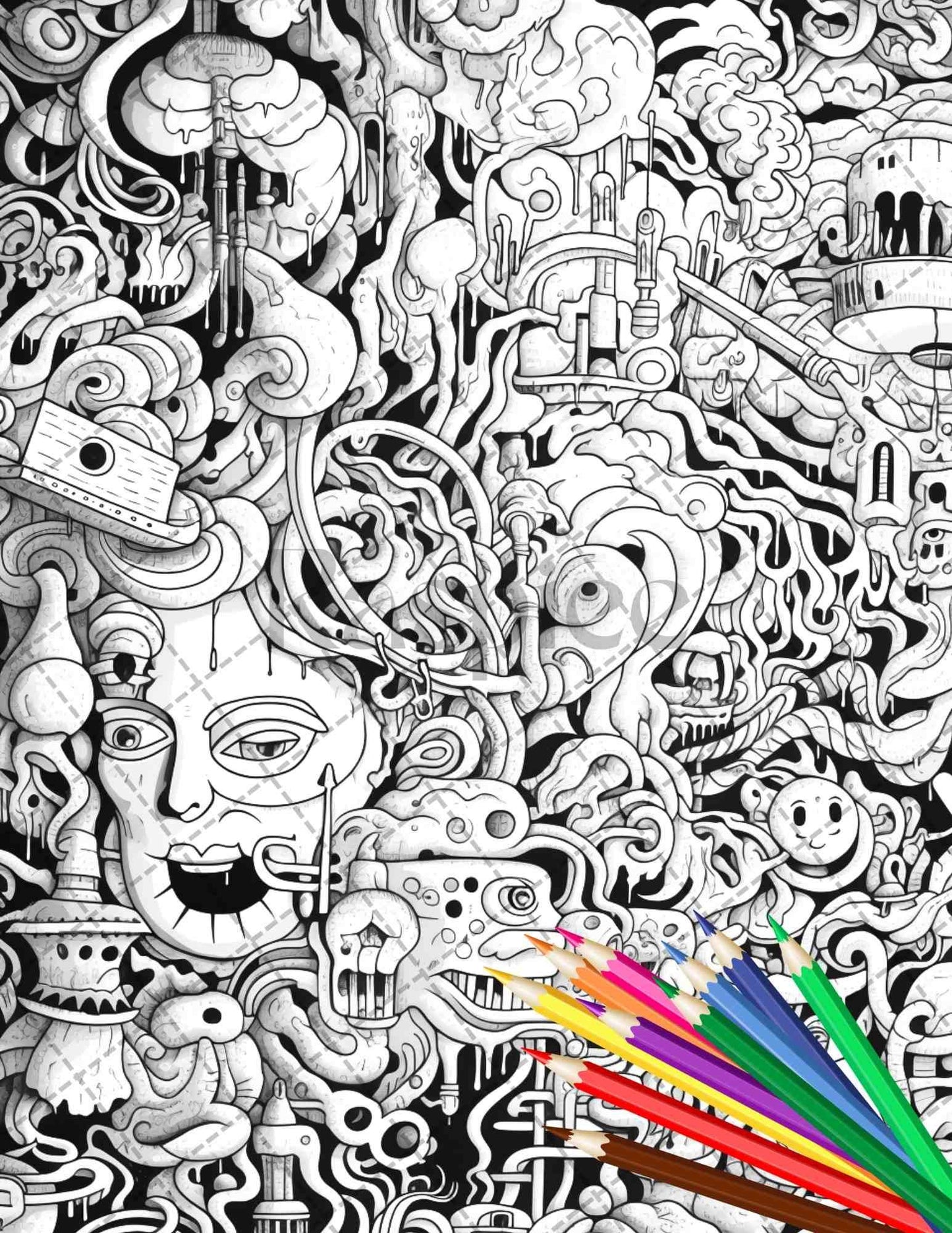 Psychedelic Trippy Coloring Book Printable for Adults, Grayscale Coloring Page, PDF File Instant Download