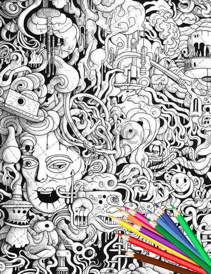 Psychedelic Trippy Coloring Book Printable for Adults, Grayscale Coloring Page, PDF File Instant Download