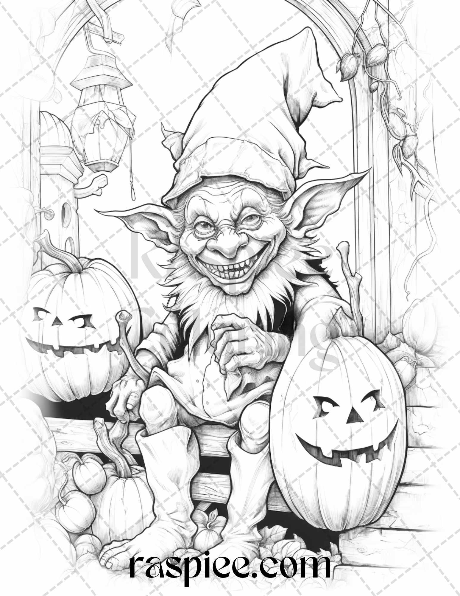 50 Halloween Goblin Grayscale Coloring Pages Printable for Adults, PDF File Instant Download