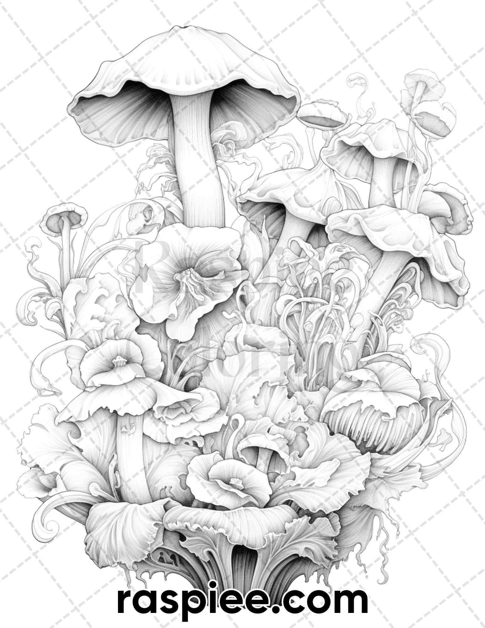 55 Fantasy Flowers Grayscale Coloring Pages for Adults, Printable PDF File Instant Download