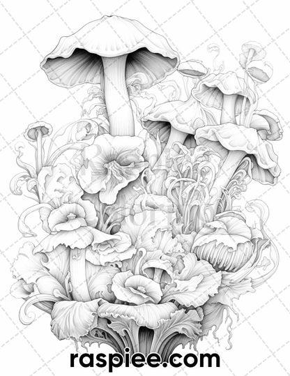 55 Fantasy Flowers Grayscale Coloring Pages for Adults, Printable PDF File Instant Download