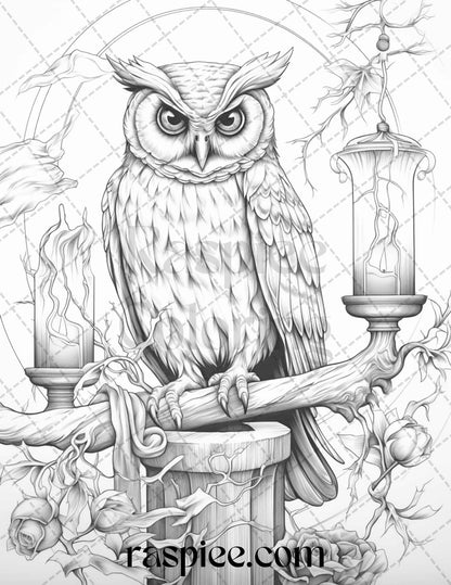 Halloween Witch Owl Grayscale Coloring Pages for Adults and Kids, Printable PDF Instant Download