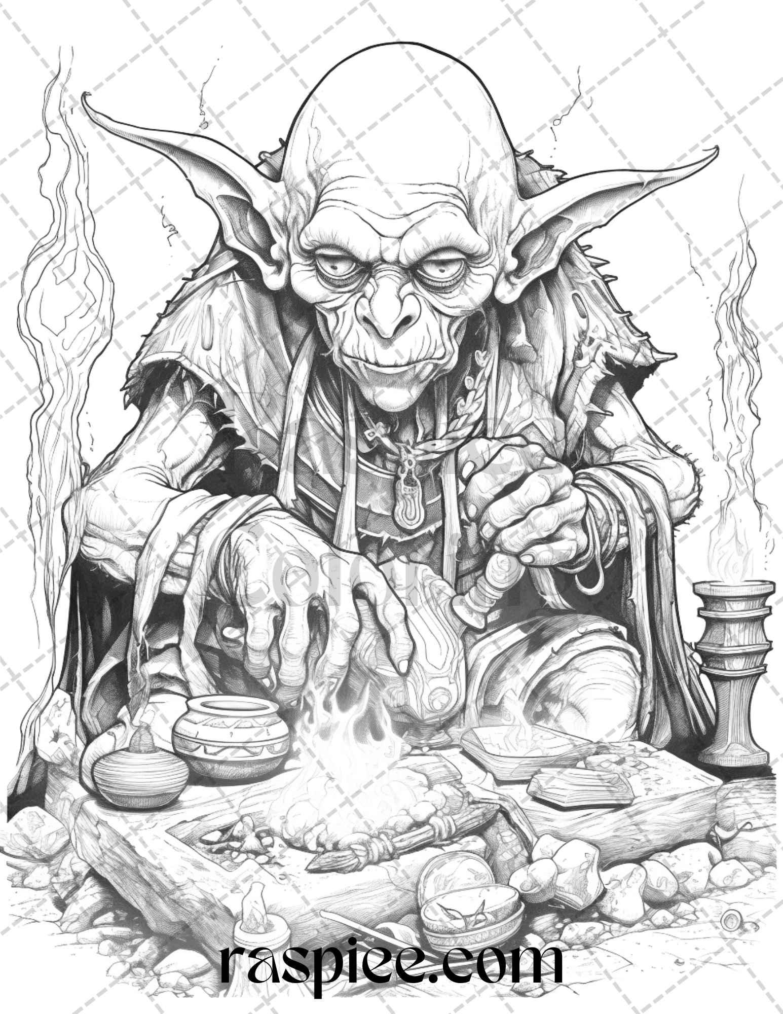 Fantasy Goblins Grayscale Coloring Pages Printable for Adults, PDF File Instant Download