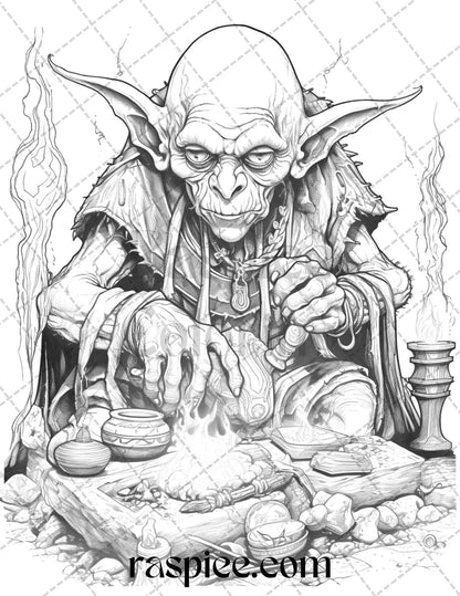 Fantasy Goblins Grayscale Coloring Pages Printable for Adults, PDF File Instant Download