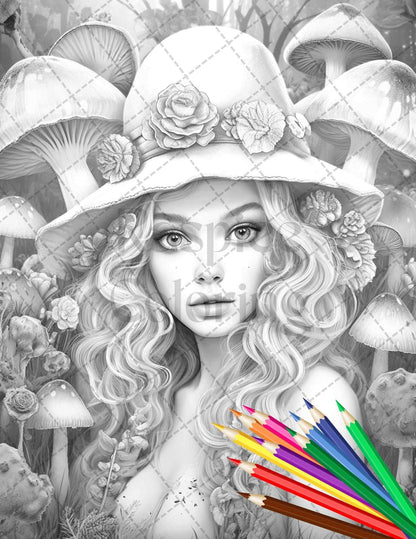 50 Mushroom Fairy Grayscale Coloring Pages Printable for Adults, PDF File Instant Download