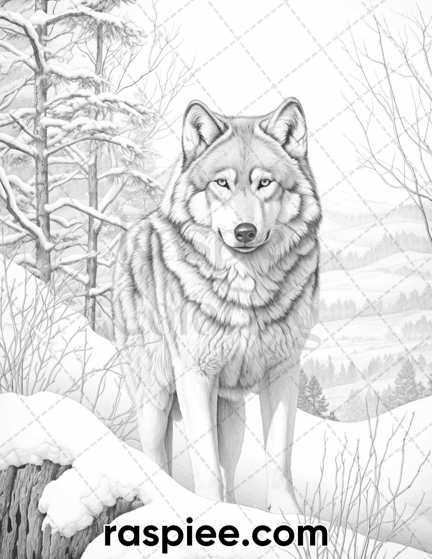 50 Winter Wolf Grayscale Coloring Pages for Adults, Printable PDF Instant Download