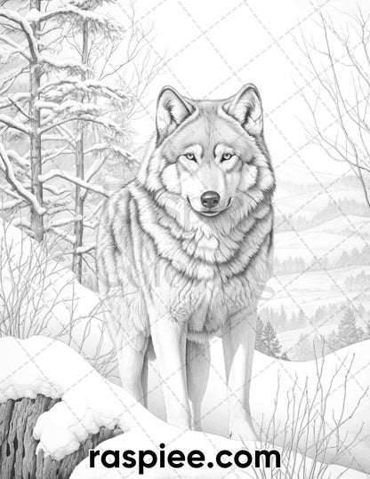 50 Winter Wolf Grayscale Coloring Pages for Adults, Printable PDF Instant Download