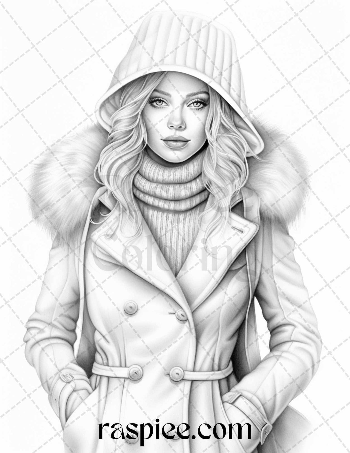 40 Winter Fashion Grayscale Coloring Pages Printable for Adults, PDF File Instant Download
