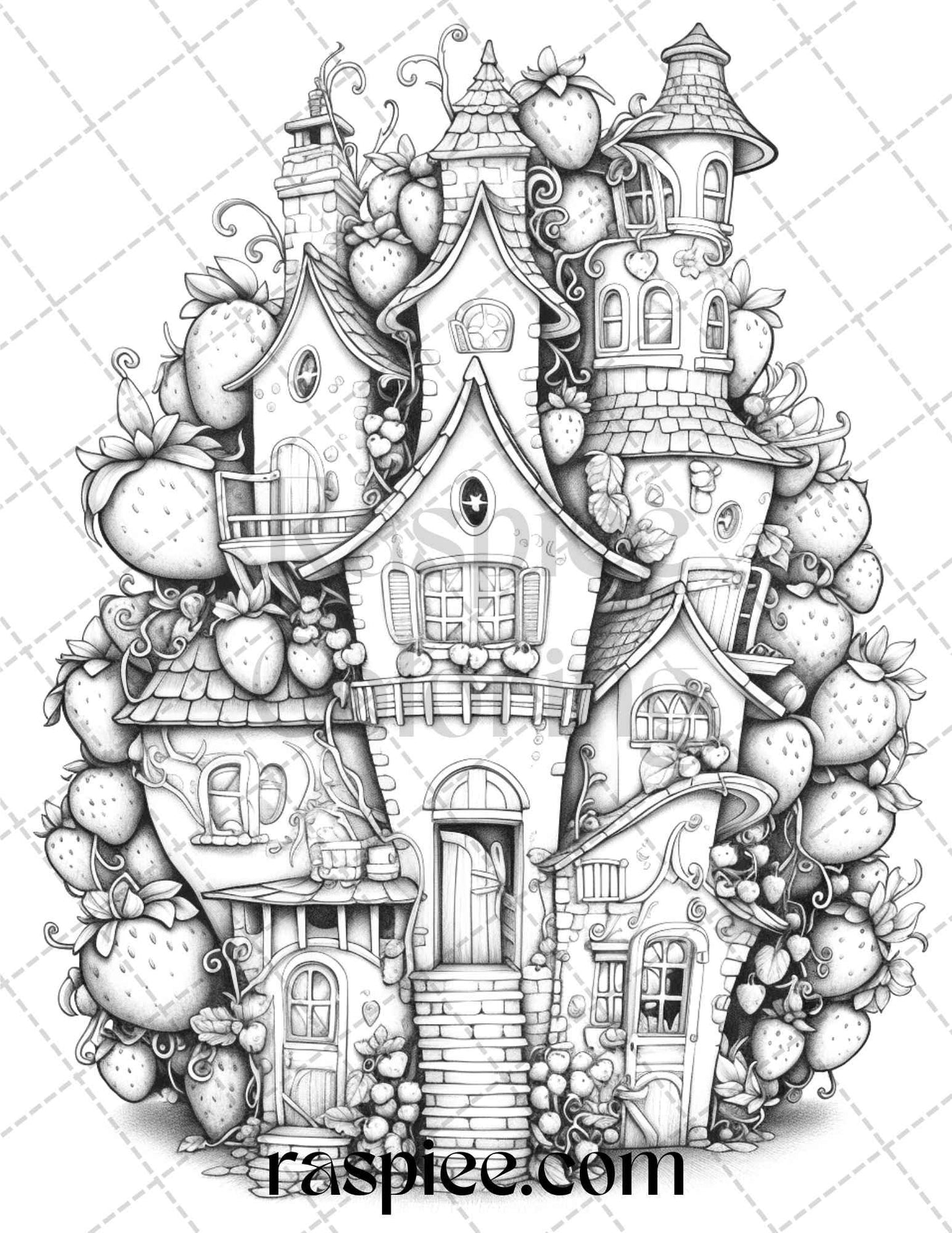 50 Strawberry Houses Grayscale Coloring Pages Printable for Adults Kids, PDF File Instant Download
