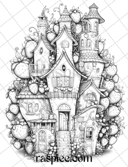 50 Strawberry Houses Grayscale Coloring Pages Printable for Adults Kids, PDF File Instant Download