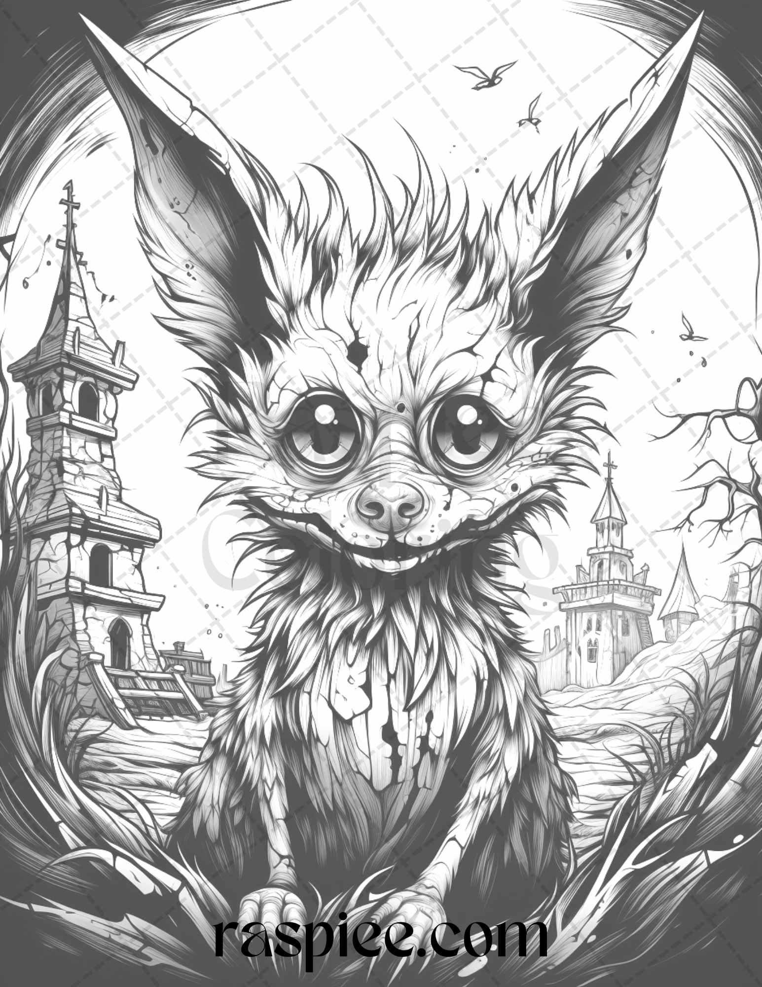 50 Halloween Scary Animals Grayscale Coloring Pages Printable for Adults, PDF File Instant Download