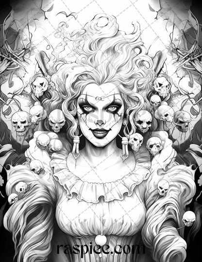 50 Scary Clown Girls Grayscale Coloring Pages Printable for Adults, PDF File Instant Download