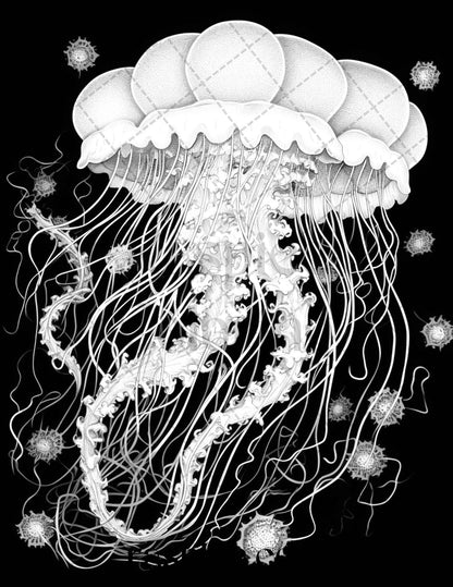 Ocean Life Grayscale Coloring Pages Printable for Adults Relaxation and Creativity, PDF File Instant Download