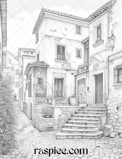 Roman Architecture Grayscale Coloring Pages Printable for Adults, PDF File Instant Download