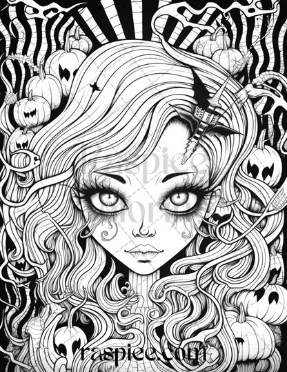 50 Spooky Miss Nightmare Grayscale Coloring Pages Printable for Adults, PDF File Instant Download