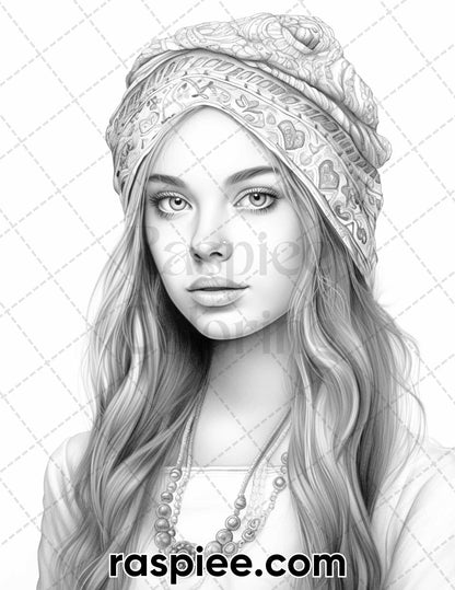 60 Bohemian Beauties Grayscale Coloring Pages for Adults, Printable PDF Instant Download