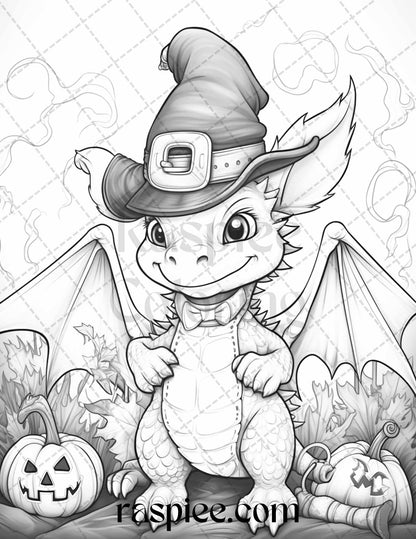 50 Cute Pumpkin Dragons Graycale Coloring Pages for Adults and Kids, Printable PDF File Instant Download