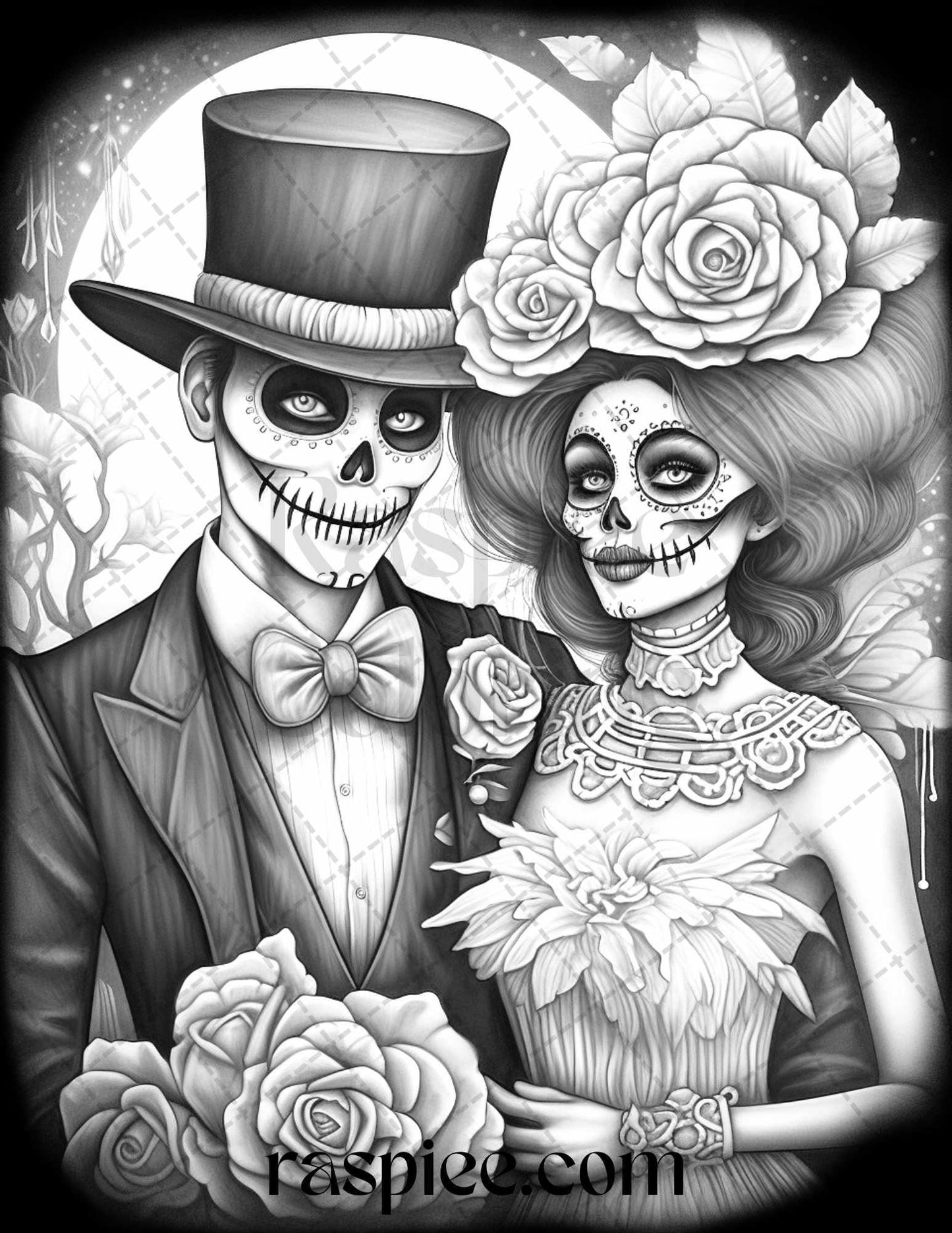 50 Day of the Dead Grayscale Coloring Pages Printable for Adults, PDF File Instant Download