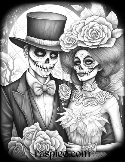 50 Day of the Dead Grayscale Coloring Pages Printable for Adults, PDF File Instant Download