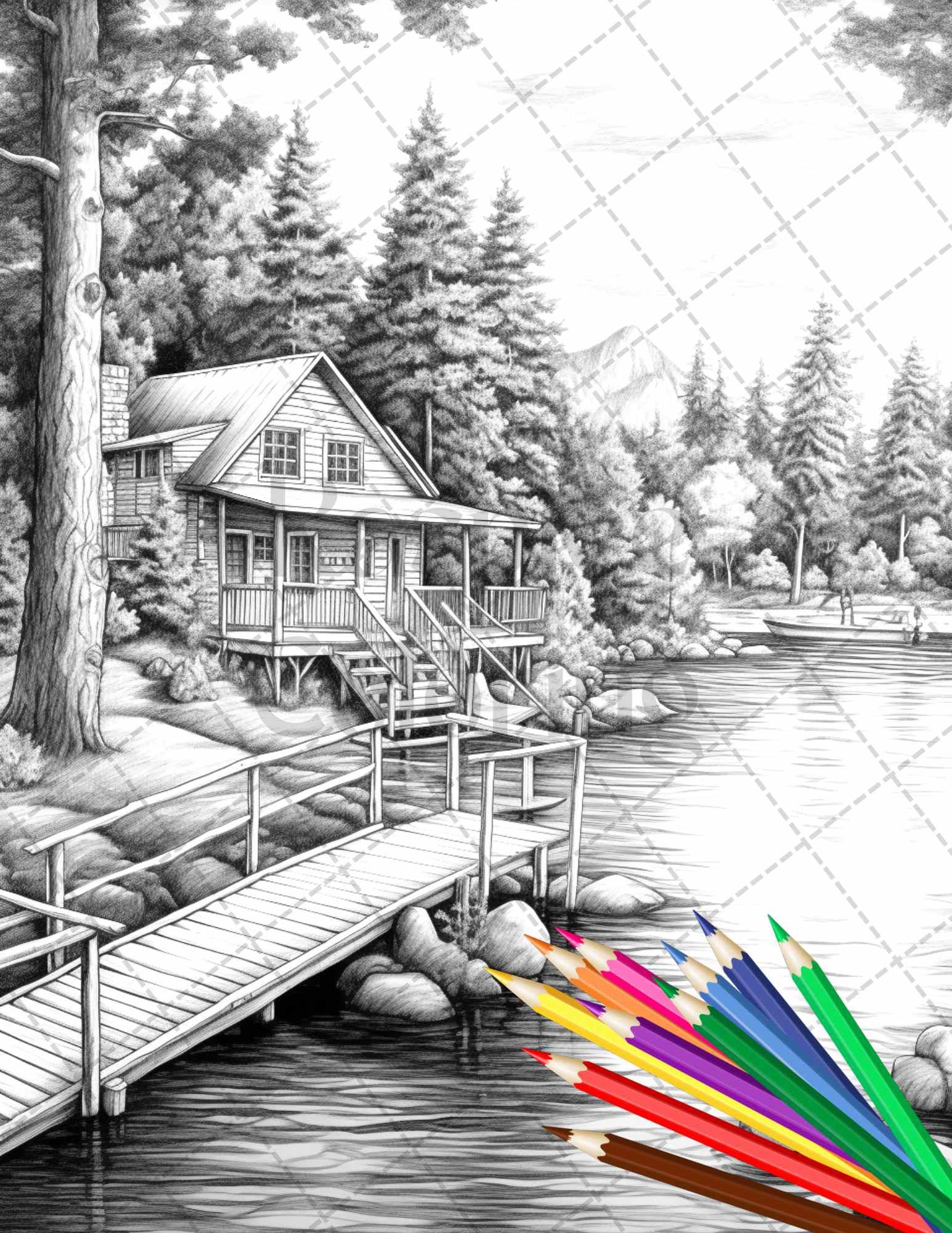 Lake Cabin Scenery Grayscale Coloring Pages Printable for Adults, PDF File Instant Download