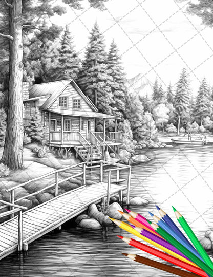 Lake Cabin Scenery Grayscale Coloring Pages Printable for Adults, PDF File Instant Download