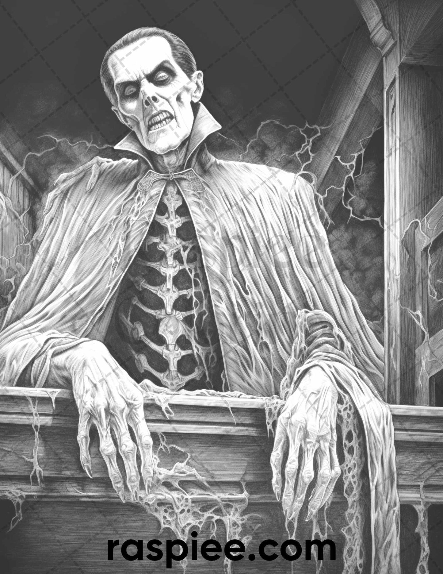 50 Count Dracula Grayscale Coloring Pages Printable for Adults, PDF File Instant Download