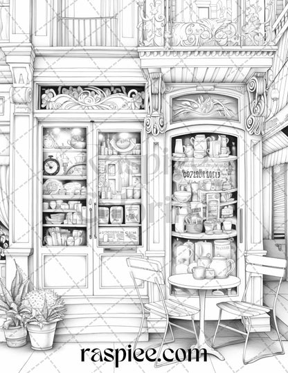 50 Cozy Coffee Shop Grayscale Coloring Pages Printable for Adults, PDF File Instant Download