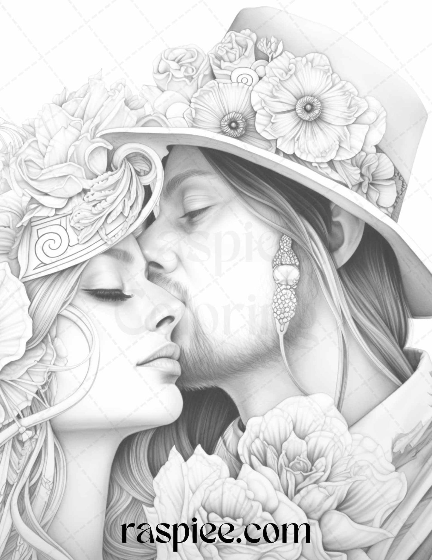 50 Romantic Couple Flowers Grayscale Coloring Pages Printable for Adults, PDF File Instant Download