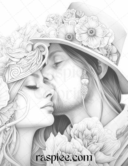 50 Romantic Couple Flowers Grayscale Coloring Pages Printable for Adults, PDF File Instant Download