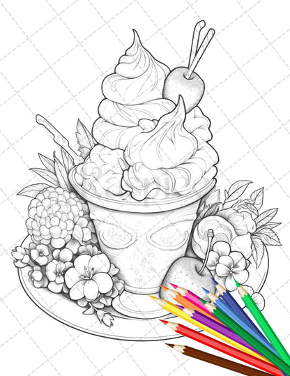 52 Printable Ice Cream Desserts Coloring Pages for Adults and Kids, Grayscale Coloring Page, PDF File Instant Download