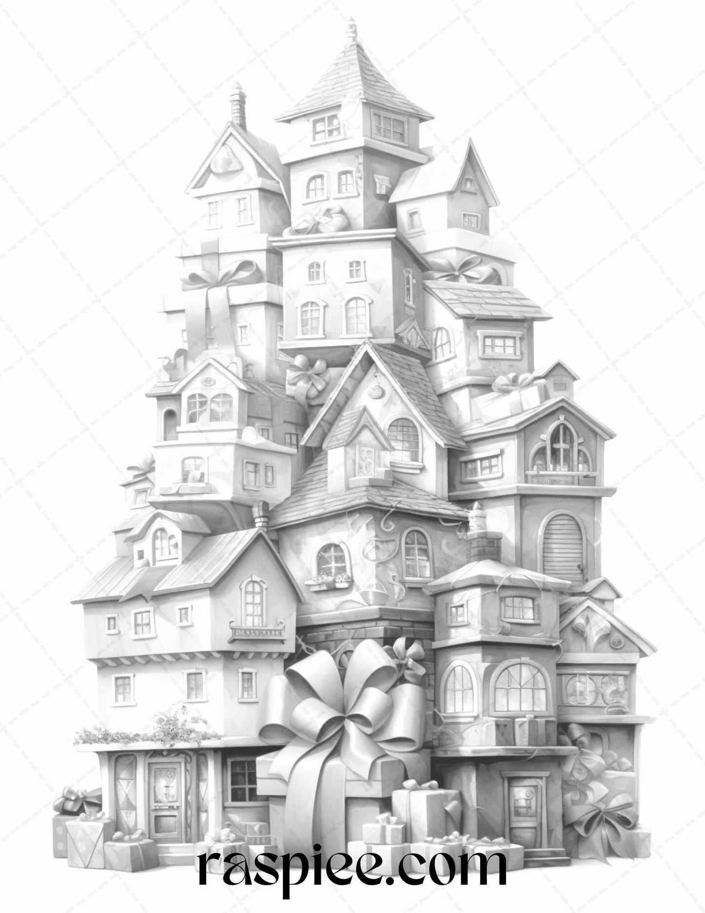 40 Adorable Gift Box Houses Grayscale Coloring Pages Printable for Adults Kids, PDF File Instant Download