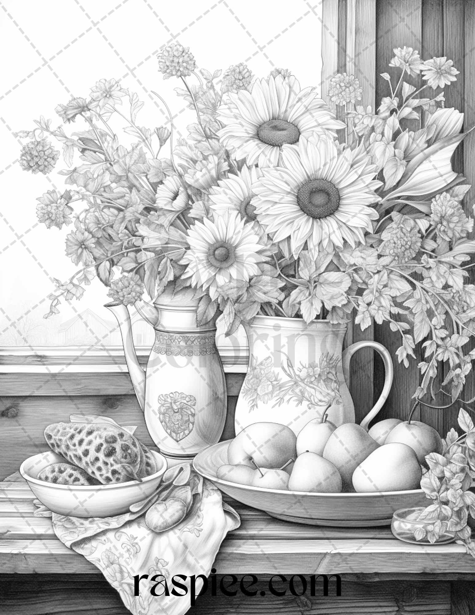 52 Still Life Grayscale Coloring Pages Printable for Adults, PDF File Instant Download