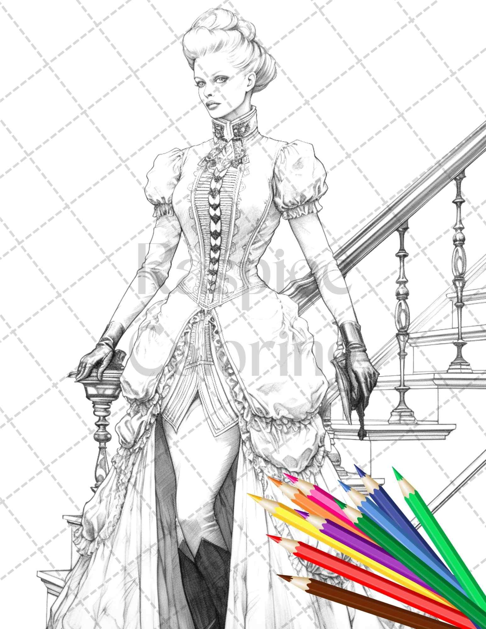 50 Victorian Fashion Grayscale Coloring Pages Printable for Adults, PDF File Instant Download