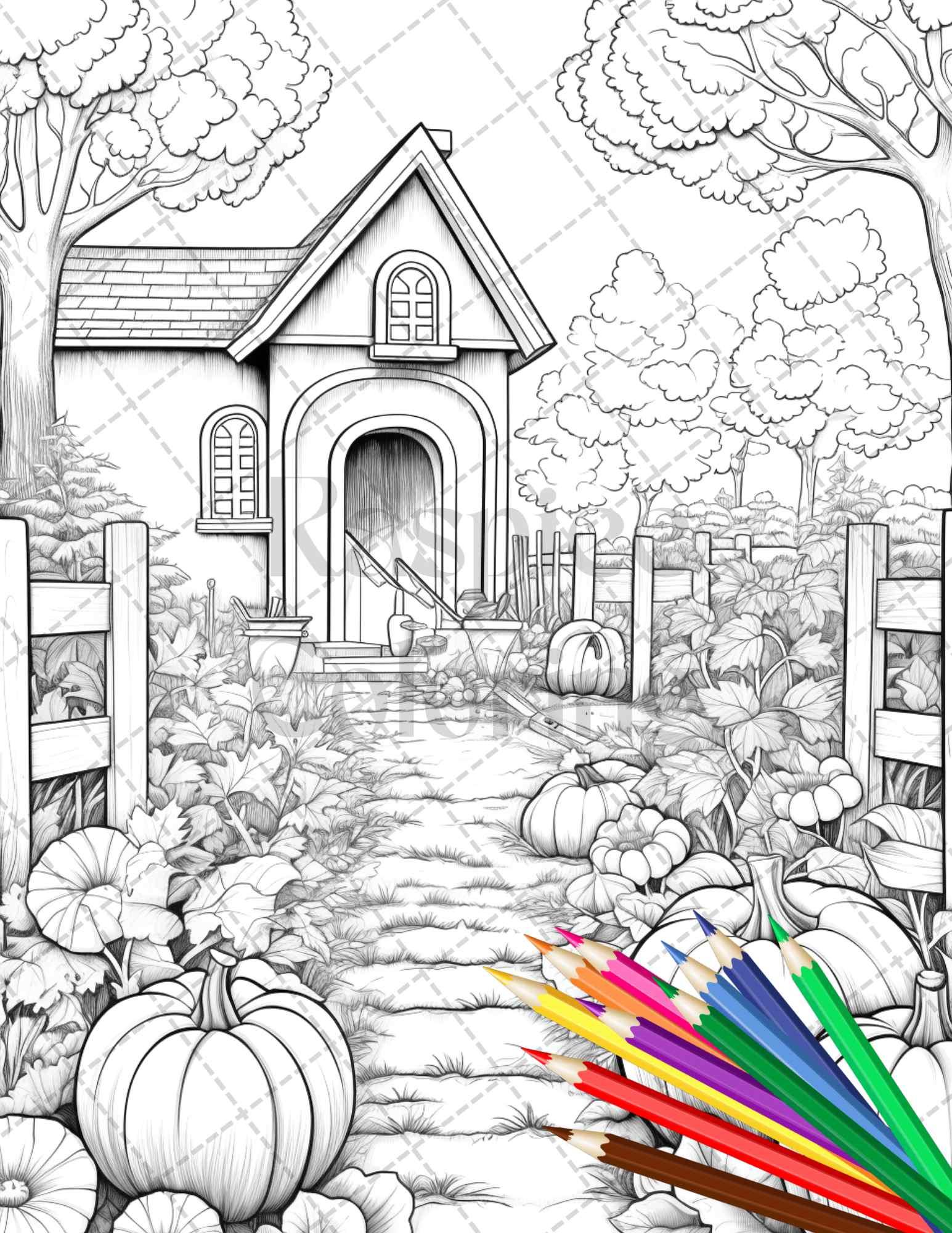 Pumpkin Garden Scenery Grayscale Coloring Pages Printable for Adults, PDF File Instant Download