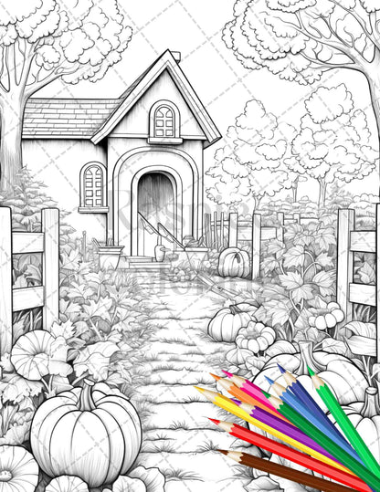 Pumpkin Garden Scenery Grayscale Coloring Pages Printable for Adults, PDF File Instant Download
