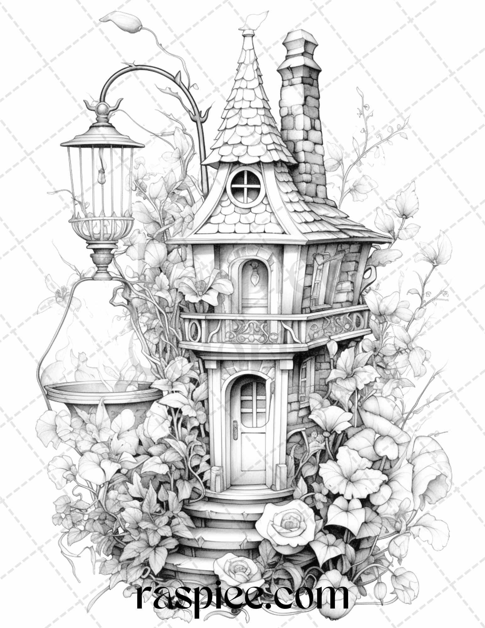 50 Lantern Fairy Houses Grayscale Coloring Pages Printable for Adults, PDF File Instant Download