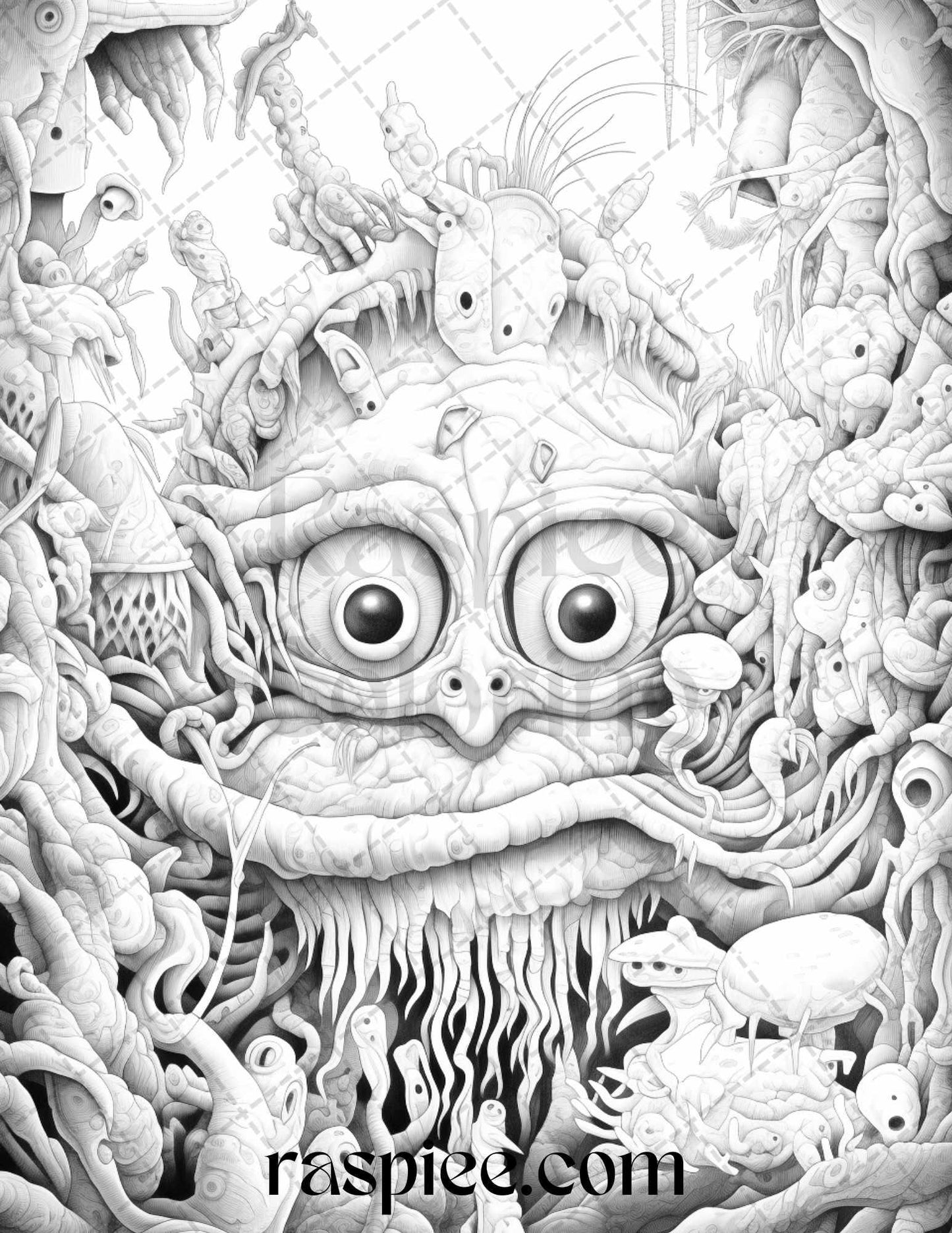 53 Surreal Creatures Grayscale Coloring Pages for Adults, Printable PDF File Instant Download