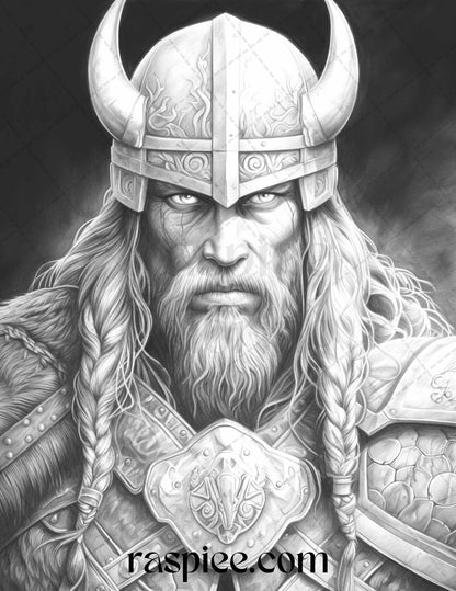 55 Viking Warriors Portrait Grayscale Coloring Pages Printable for Adults, PDF File Instant Download