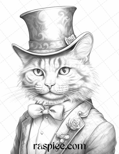 Gentleman Cat Grayscale Coloring Pages Printable for Adults Kids, PDF File Instant Download