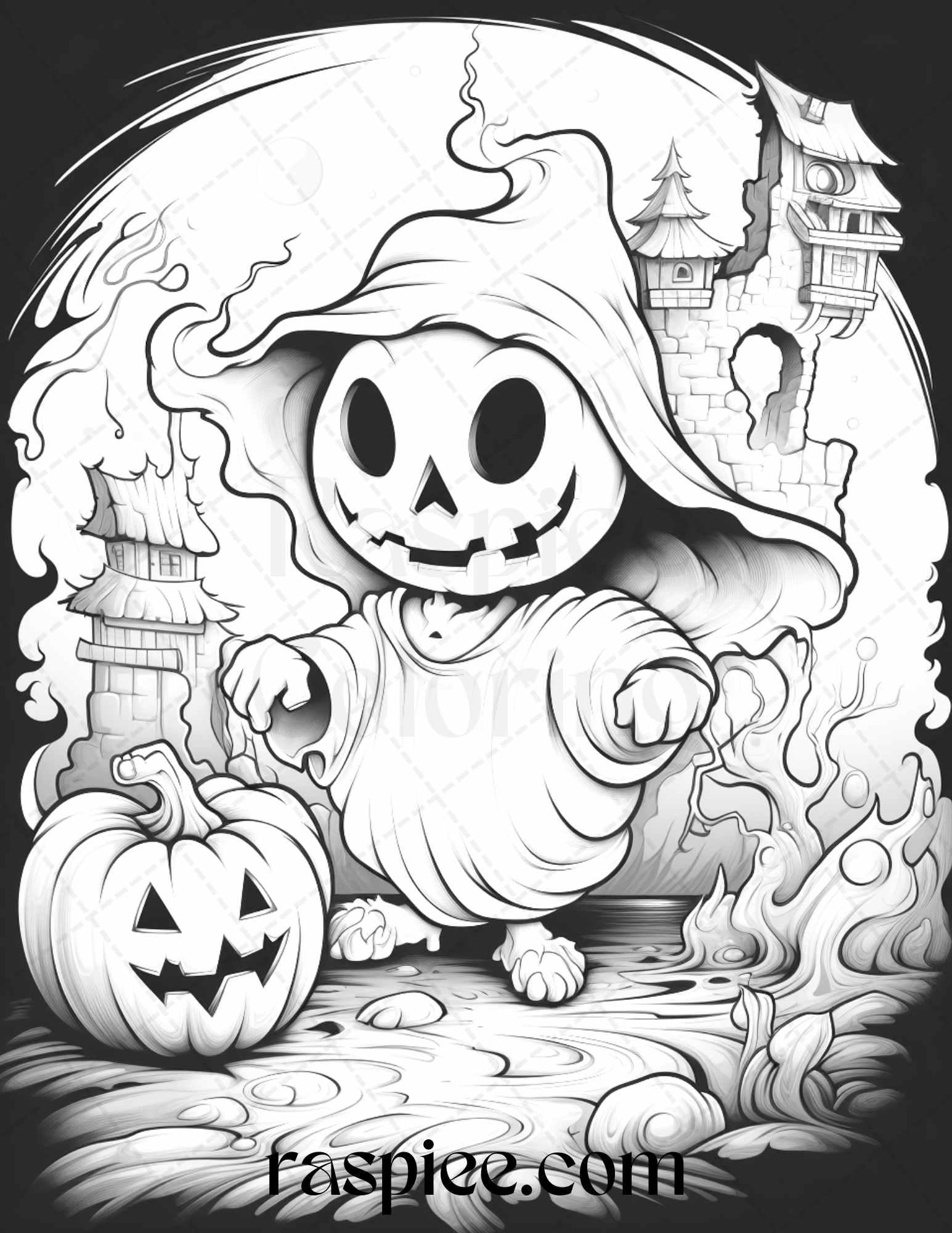 50 Halloween Cute Ghosts Grayscale Coloring Printable for Adults Kids, PDF File Instant Download