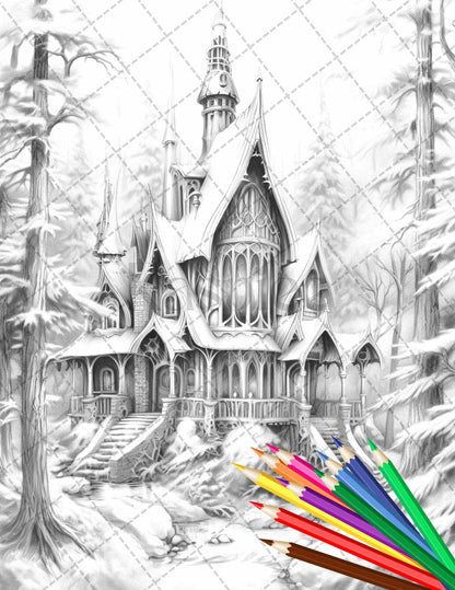 63 Winter Fairy Houses Grayscale Coloring Pages Printable for Adults, PDF File Instant Download