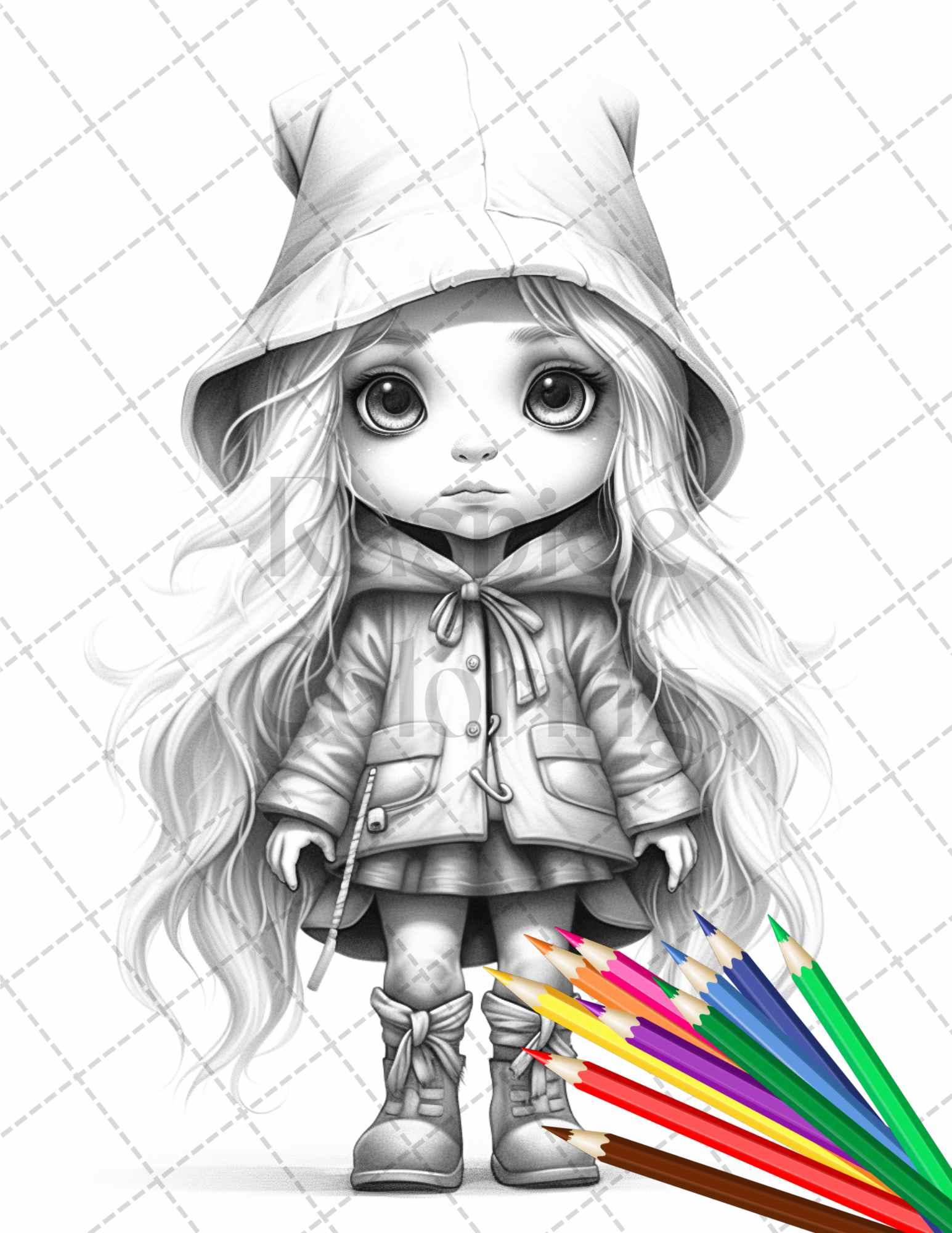 41 Adorable Gnome Girls Grayscale Coloring Pages Printable for Adults and Kids, PDF File Instant Download