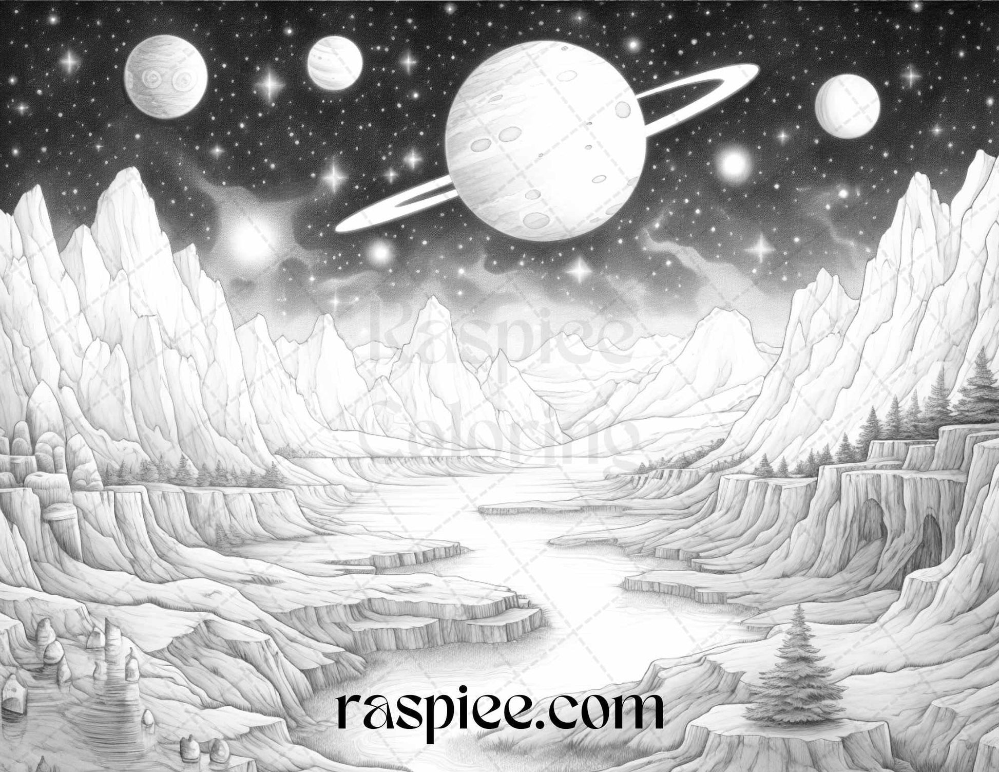 55 Celestial Landscapes Grayscale Coloring Pages Printable for Adults, PDF File Instant Download